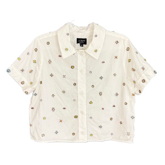 J. Crew White Cropped Button Down Shirt with Beaded Pattern - Picture 2 of 5
